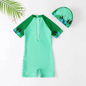 Boys Green Graphics Swimwear Bodysuit With Swim Cap Beachwear