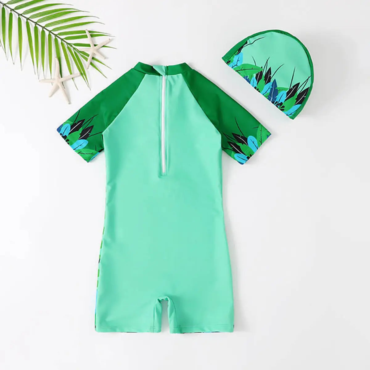 Boys Green Graphics Swimwear Bodysuit With Swim Cap Beachwear