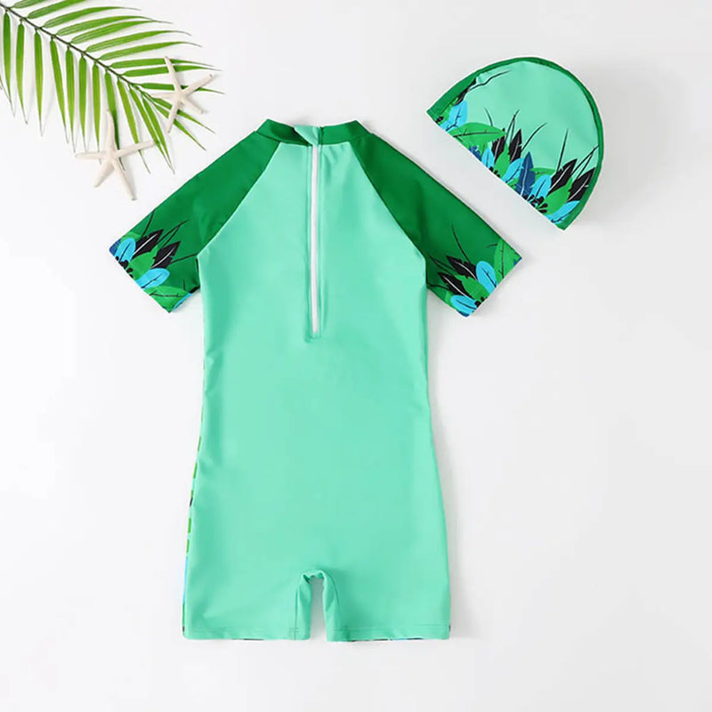 Boys Green Graphics Swimwear Bodysuit With Swim Cap Beachwear