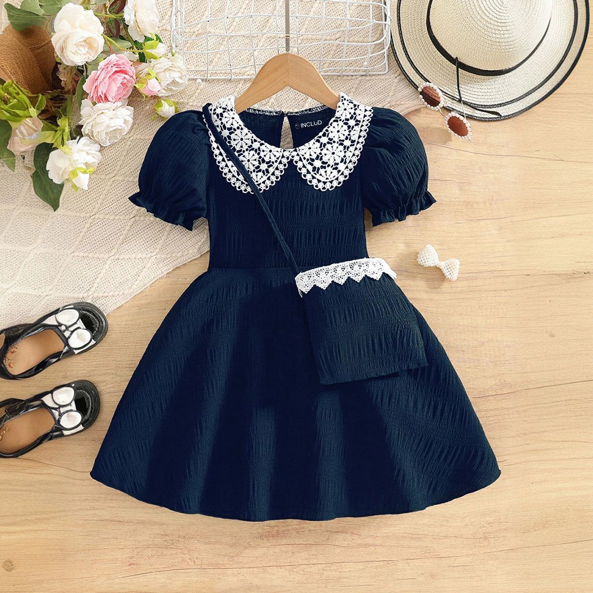 Girls Navy Blue Textured Puff Sleeve Fit & Flare Dress Casual Dresses Navy Blue 2-3 Y
