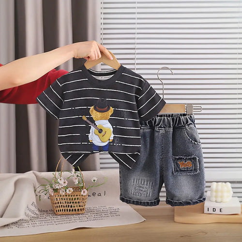 Boys Black Striped Bear Graphic T-Shirt With Denim Shorts Sets 2 pc. Sets Black 1-2 Y