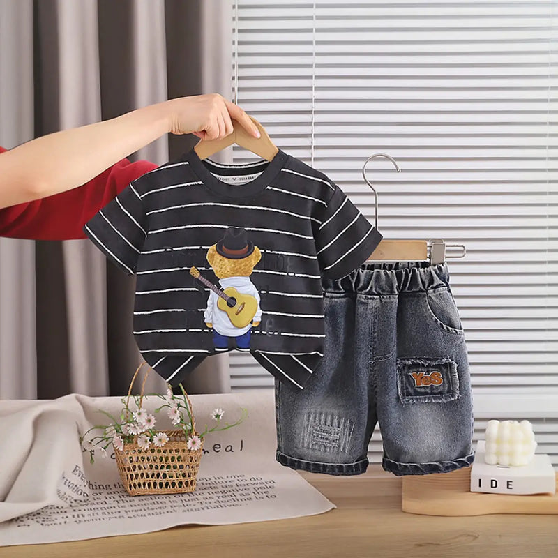 Boys Black Striped Bear Graphic T-Shirt With Denim Shorts Sets 2 pc. Sets Black 1-2 Y