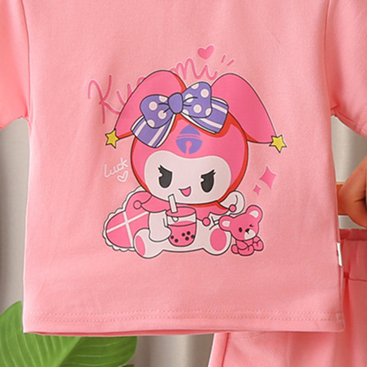 Girls Pink Cartoon Printed T-shirt with Knitted Shorts Set Sets