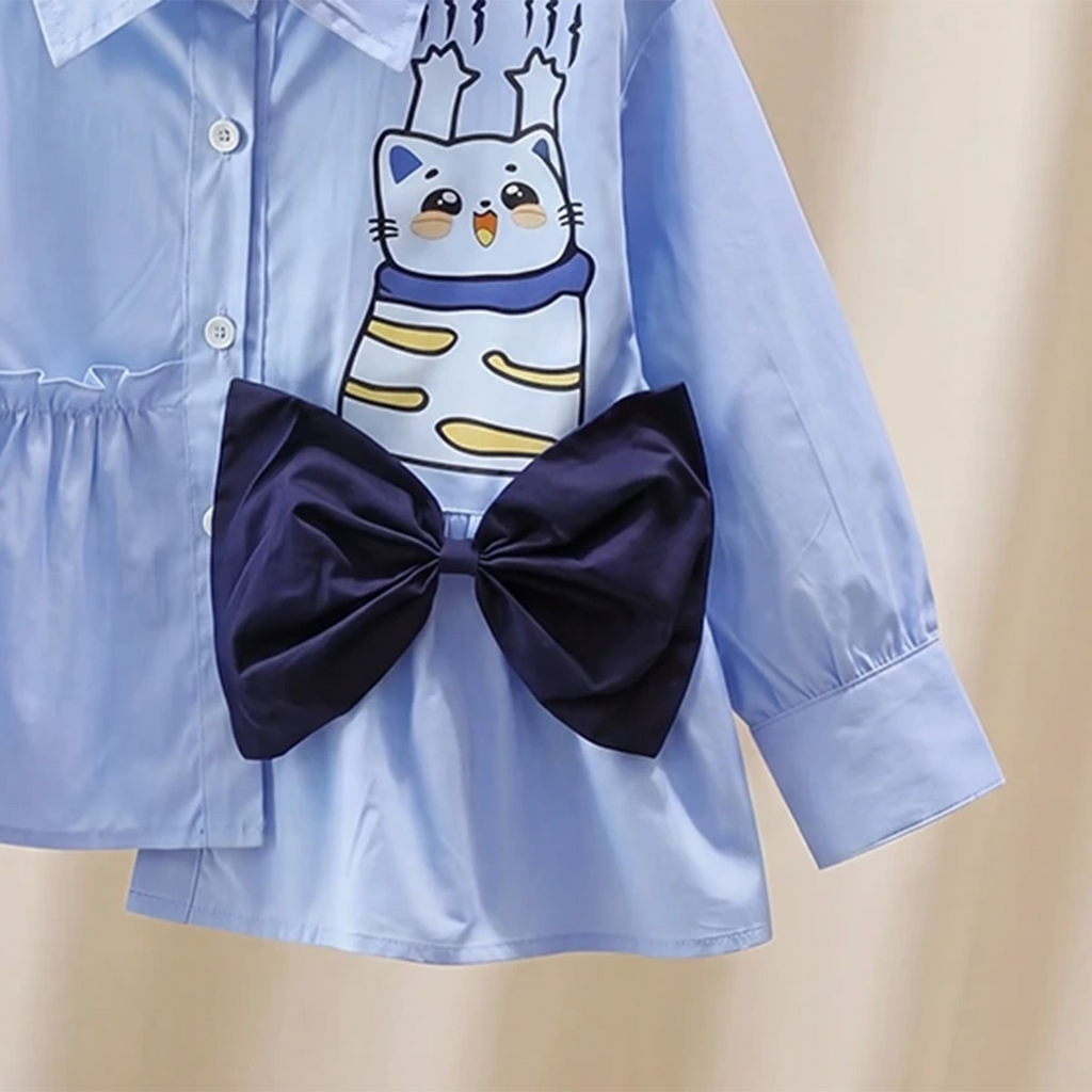 Girls Blue Cat Printed Peplum Shirt with Bow Shirts