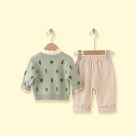 Boys Light Green Jacquard Cardigan With Shirt And Pants Sets 3 pc. Sets