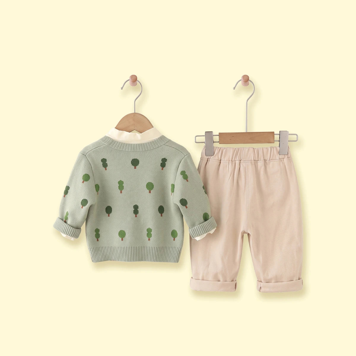 Boys Light Green Jacquard Cardigan With Shirt And Pants Sets 3 pc. Sets