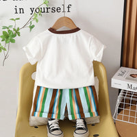 Boys White Pizza Printed Short Sleeves T-Shirt With Stripes Shorts Set Sets