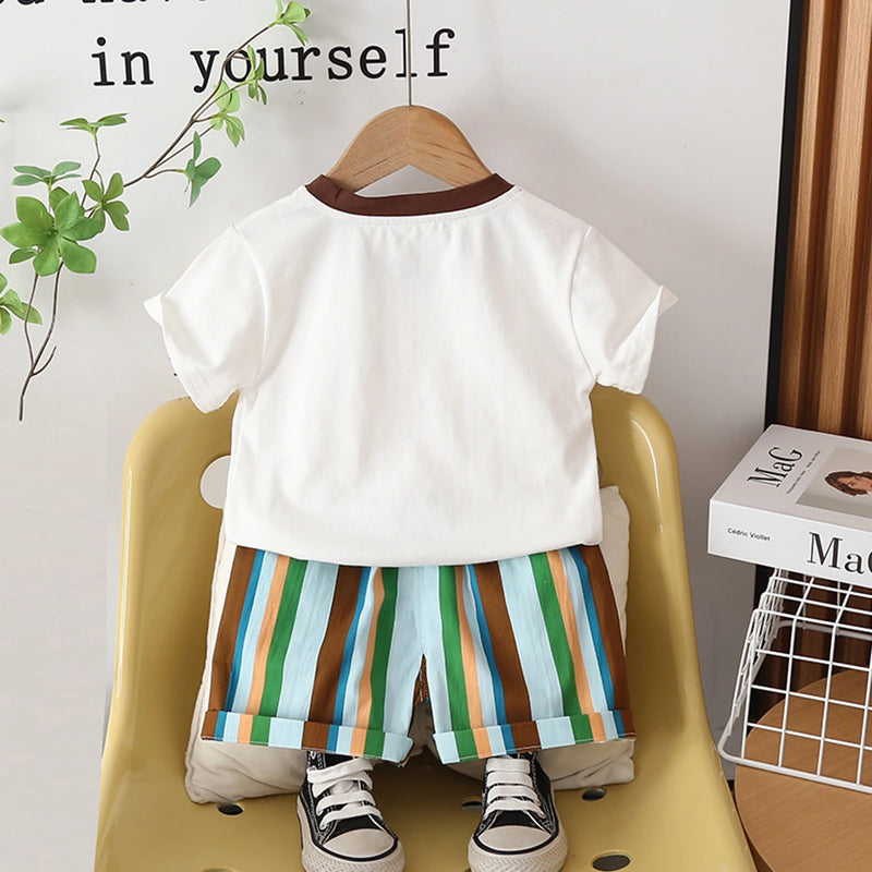 Boys White Pizza Printed Short Sleeves T-Shirt With Stripes Shorts Set Sets