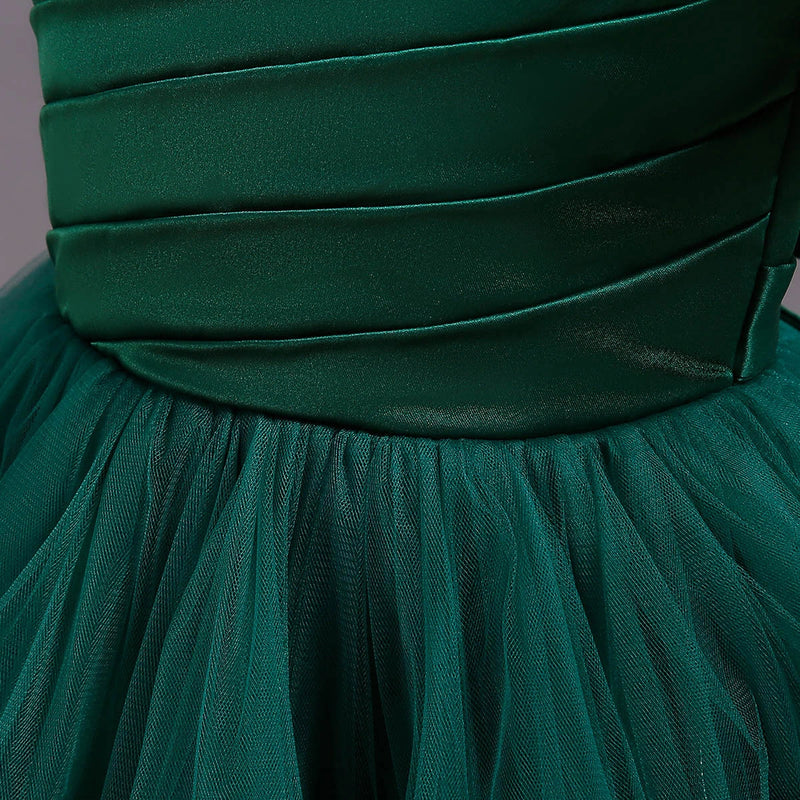 Girls Dark Green Puff Sleeve Ruffle Layered Party Wear Dress Party Dresses