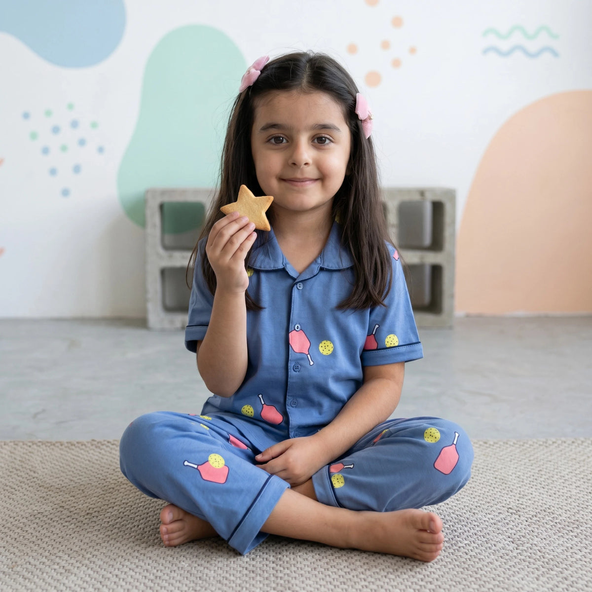 Girls Blue Printed Short Sleeve Shirt With Printed Pyjama Sets Sets