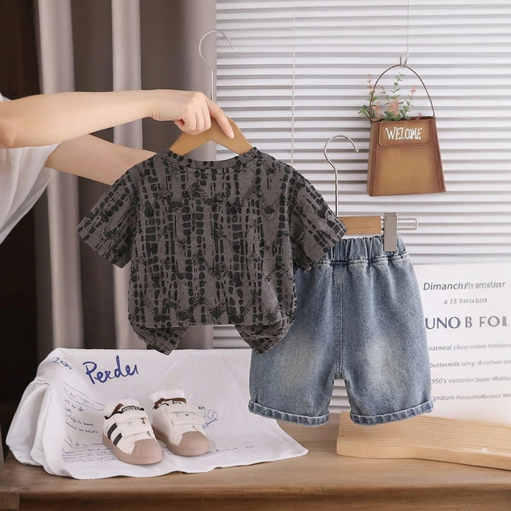 Boys Dark Grey Abstract Printed Short Sleeve T-Shirt With Denim Shorts Sets 2 pc. Sets