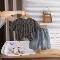 Boys Dark Grey Abstract Printed Short Sleeve T-Shirt With Denim Shorts Sets 2 pc. Sets