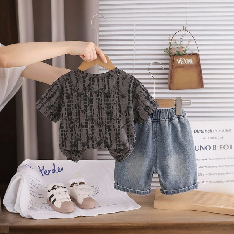 Boys Dark Grey Abstract Printed Short Sleeve T-Shirt With Denim Shorts Sets 2 pc. Sets