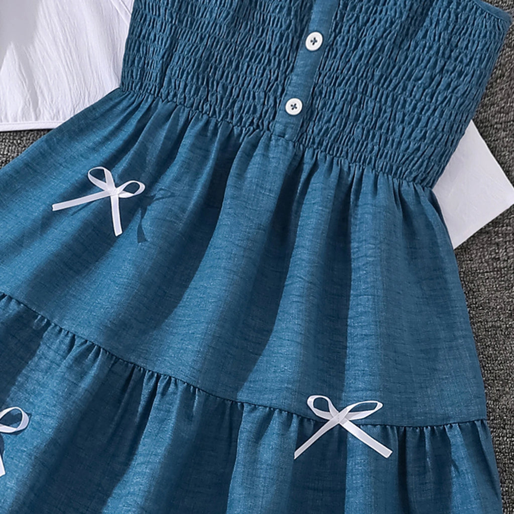 Girls Blue Sleeveless Tiered Dress With Shrug Casual Dresses
