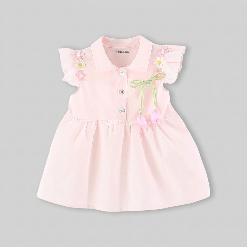 Girls Light Pink Floral Embroidered A-line Dress Casual Dresses