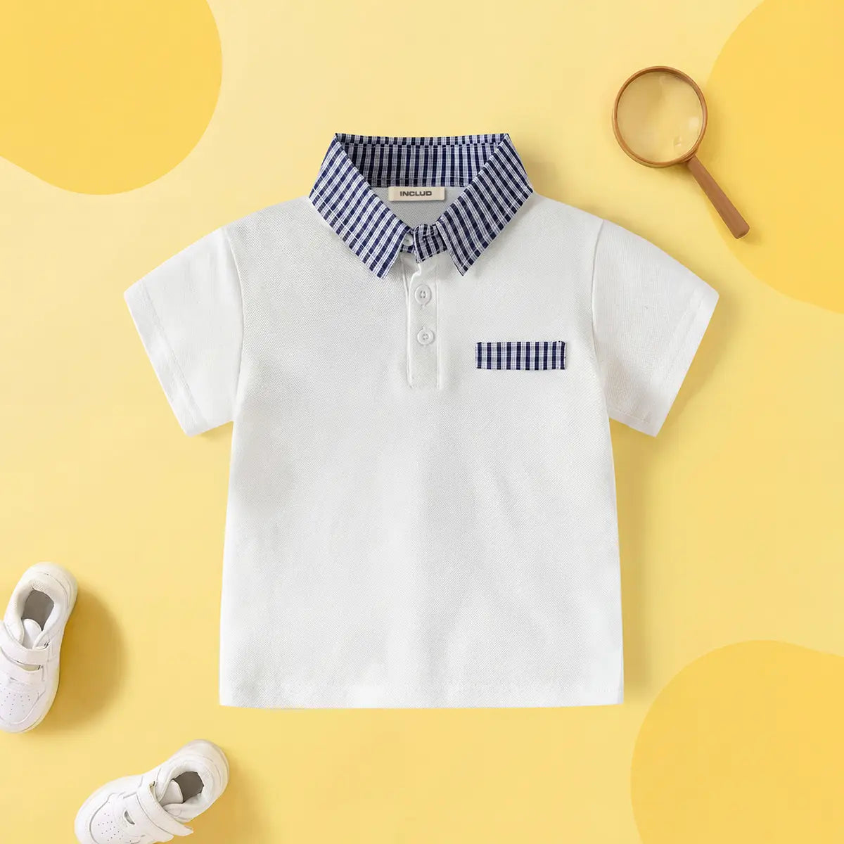 Boys White Short Sleeves Polo T-Shirt With Checked Collar Tshirts White 1-2 Y