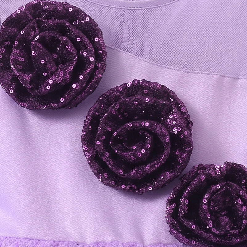 Girls purple sleeveless party gown with floral applique and tulle