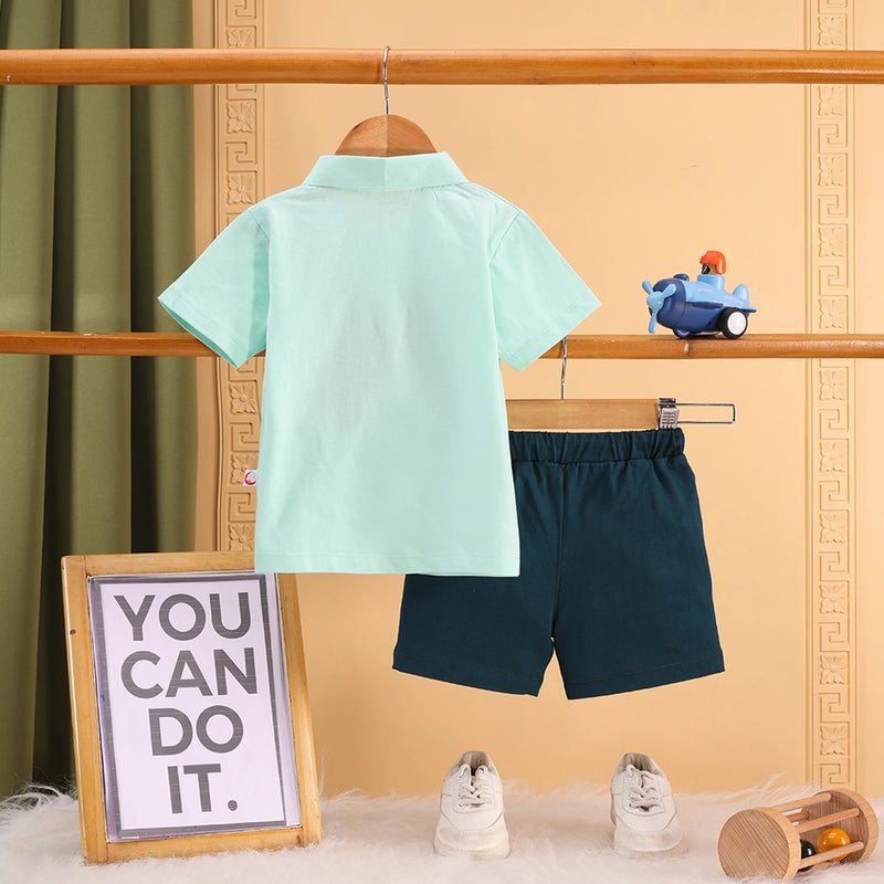 Boys Green Popcorn Graphic Polo T-shirt With Drawstring Shorts Sets Sets