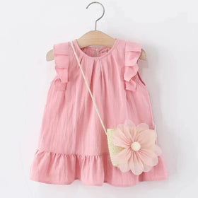 Girls Pink Sleeveless Summer A-line Dress With Sling Bag Casual Dresses