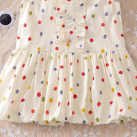 Girls Off White Polka Dot Print Peter Pan Collar Balloon Dress Casual Dresses