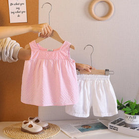 Girls Light Pink Gingham Checked Sleeveless Top With Short Sets Sets Light Pink 1-2 Y