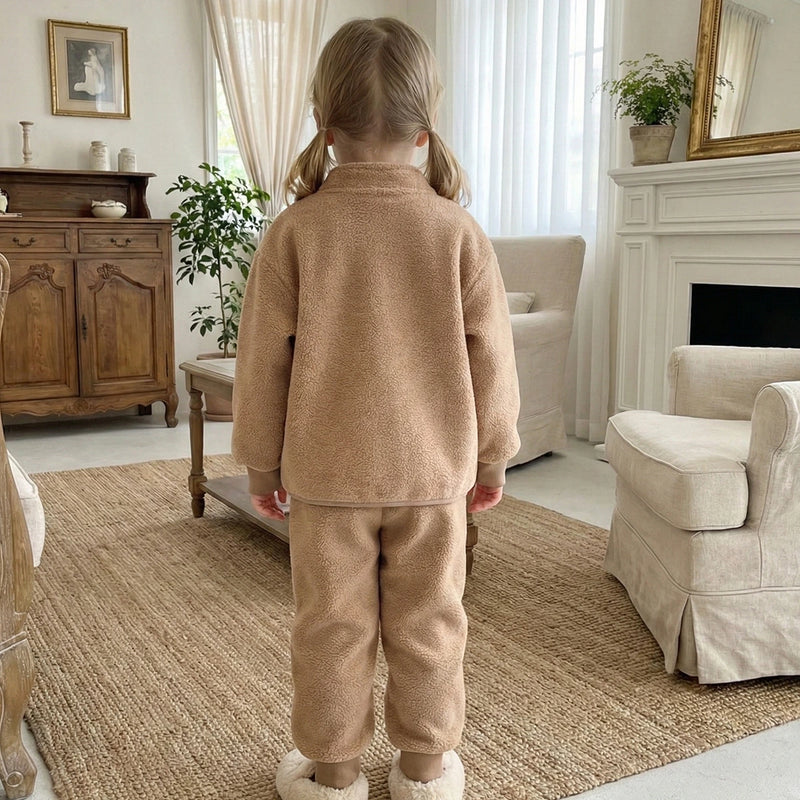 Girls Brown Fleece Jacket With Jogger Co-ord Sets Sets
