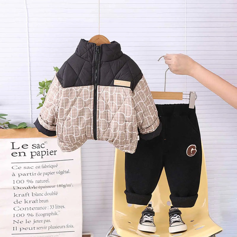 Boys Black Abstract Printed Quilted Puffer Jacket With Jogger Sets Sets Black 1-2 Y