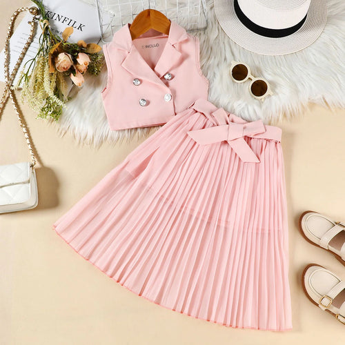 Girls Light Pink Sleeveless Top With Pleated Flared Skirt Sets 2 pc. Sets Light Pink 1-2 Y