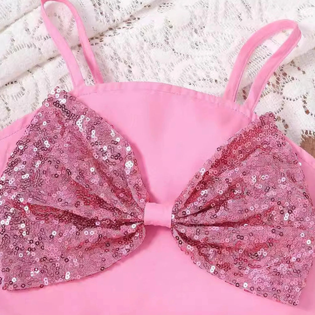 Girls Pink Sequin Bow Applique Top With Ruffled Shorts Sets 2 pc. Sets