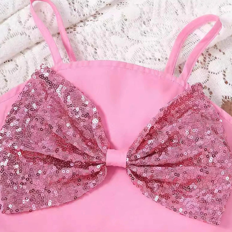 Girls Pink Sequin Bow Applique Top With Ruffled Shorts Sets 2 pc. Sets