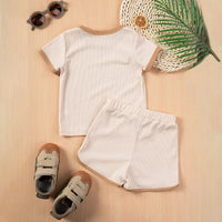Girls Beige Ribbed Contrast Trims T-Shirt & Shorts Co-ord Sets Sets