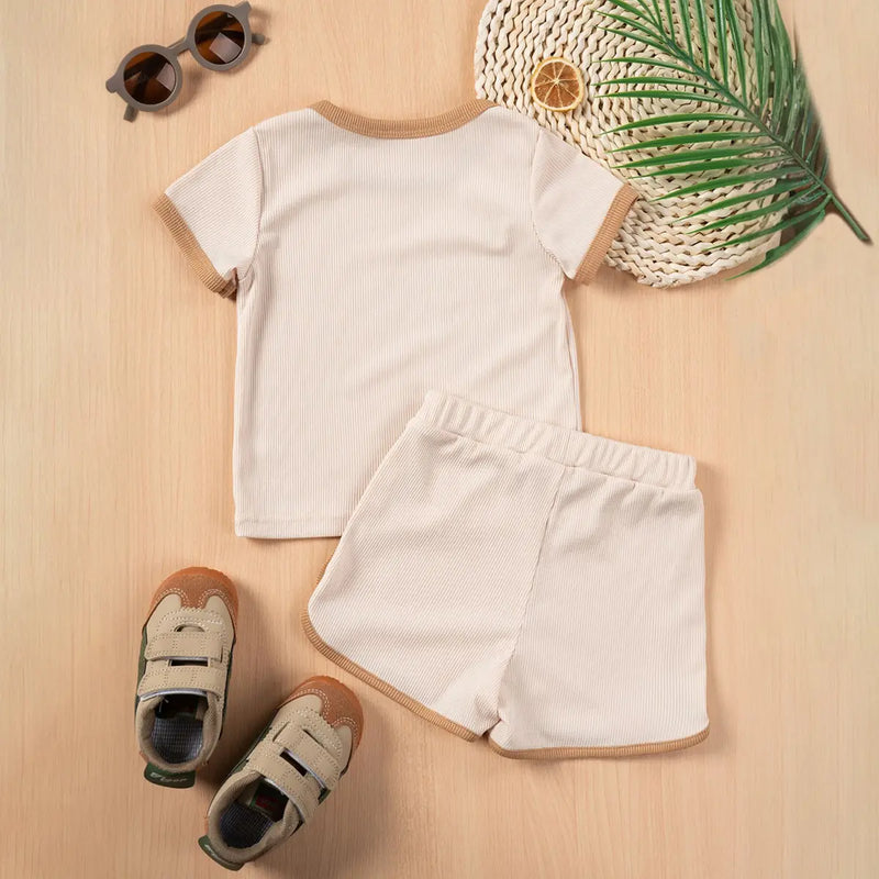 Girls Beige Ribbed Contrast Trims T-Shirt & Shorts Co-ord Sets Sets