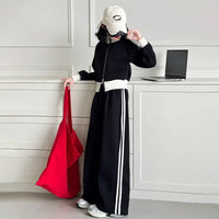 Girls Black Side Striped Zipper Jacket With Wide Leg Pants Sets Sets