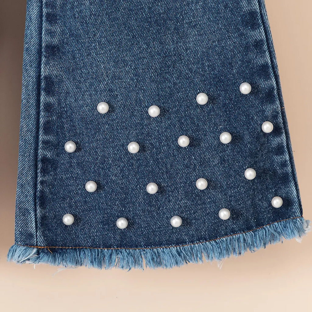 Girls Light Blue Collared Crop Top With Denim Sleeveless Vest & Flared Pants Set Sets