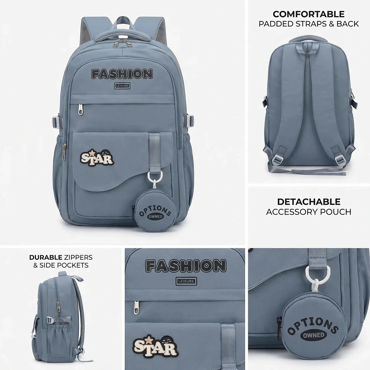 Kids Grey Medium Backpack with Detachable Pouch Trending Accessories