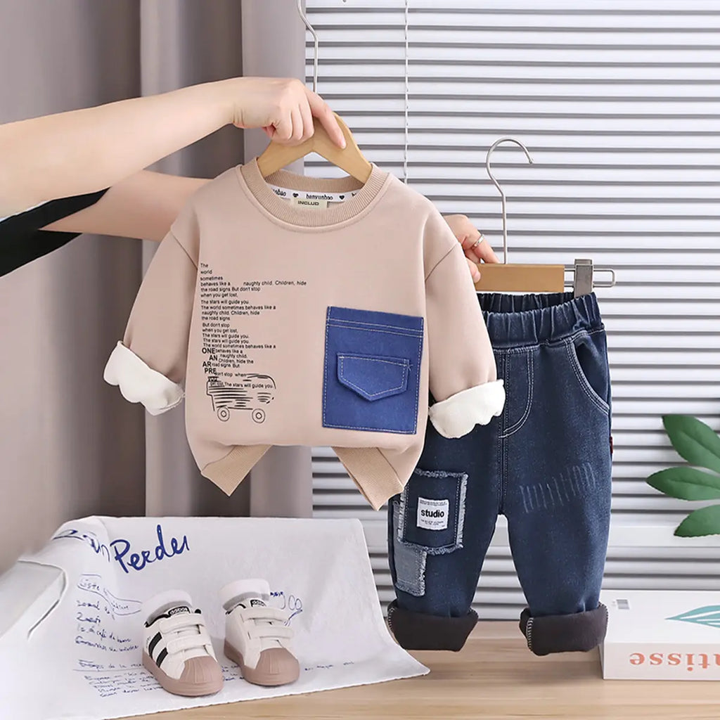 Boys Khaki Typographic Printed Sweatshirt With Denim Pants Set Sets Khaki 1-2 Y