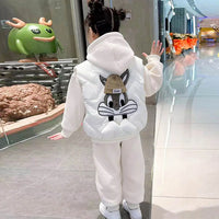 Girls Beige Rabbit Applique Hooded Sweatshirt With Sleeveless Padded Vest & Jogger Sets Sets