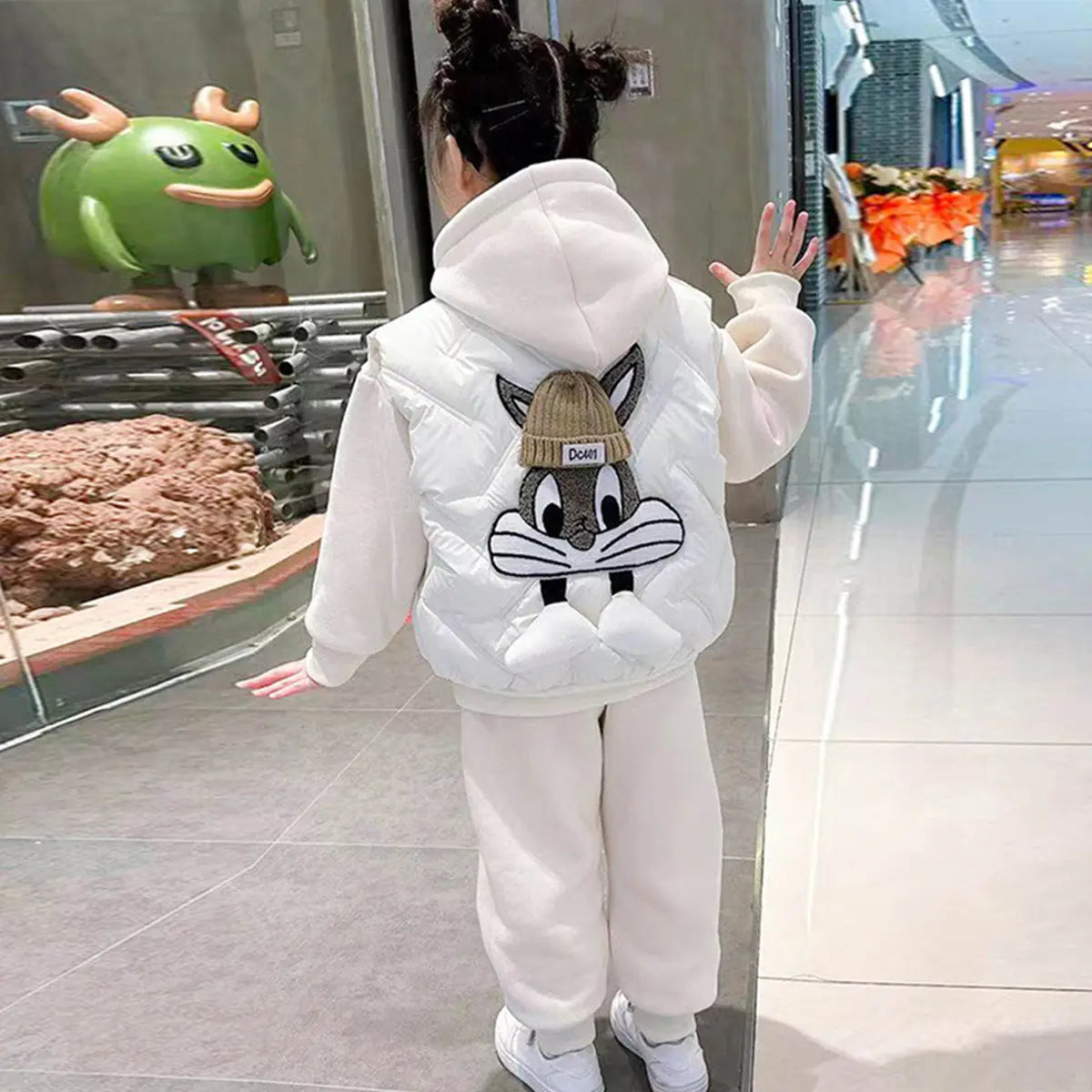 Girls Beige Rabbit Applique Hooded Sweatshirt With Sleeveless Padded Vest & Jogger Sets Sets