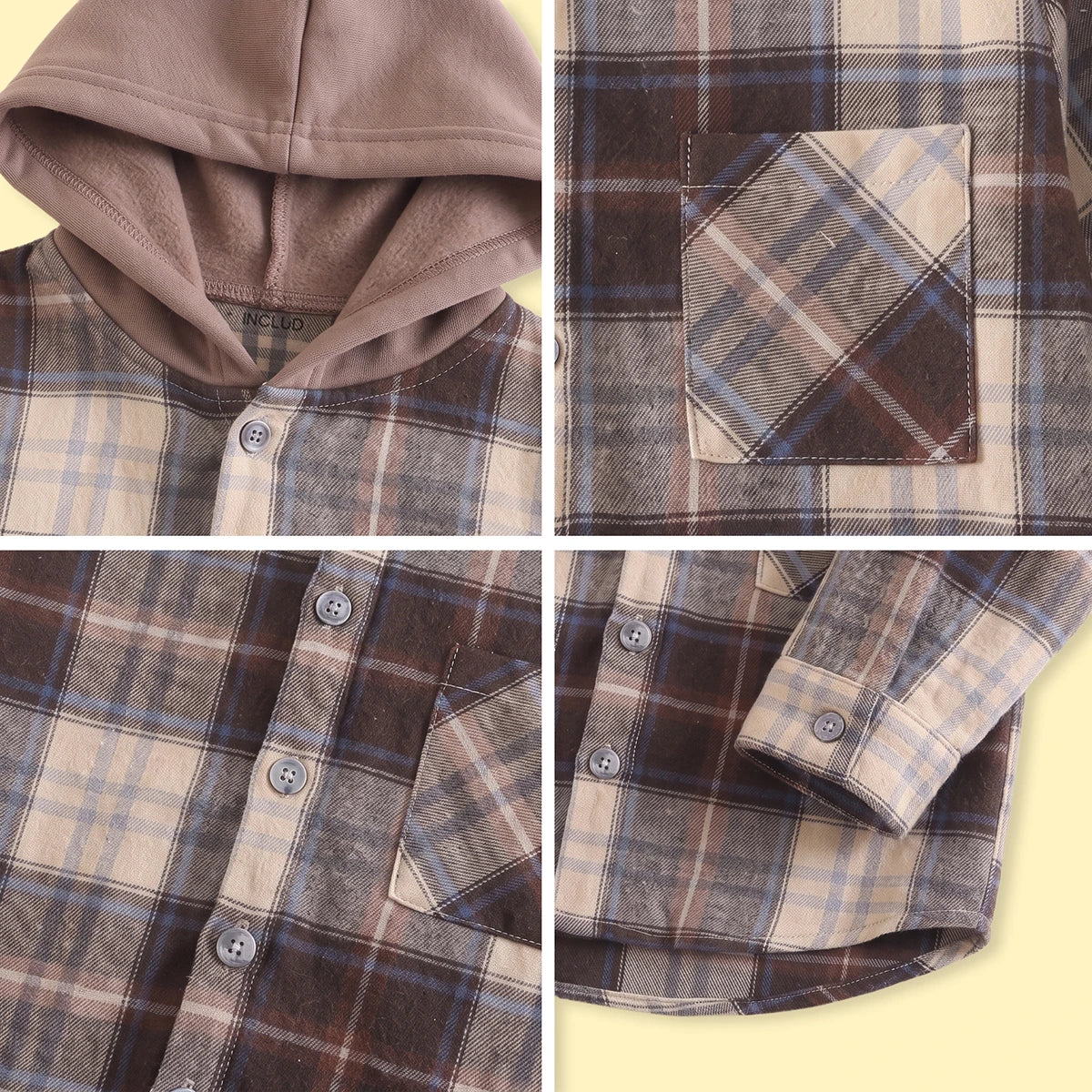 Boys Brown Checked Long Sleeve Hooded Shirt Shirts