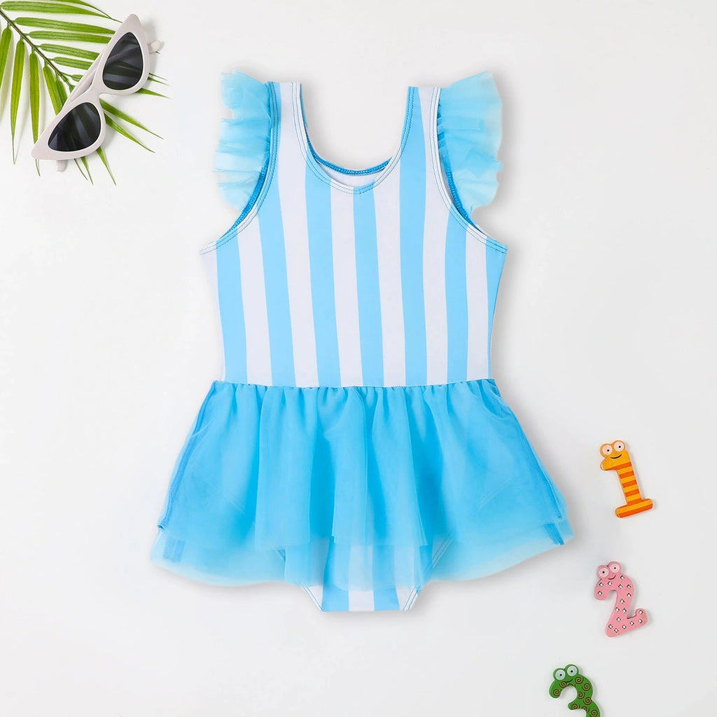 Girls Light Blue Typographic Print Tulle Overlay Swimwear Bodysuit Beachwear