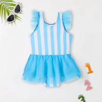 Girls Light Blue Typographic Print Tulle Overlay Swimwear Bodysuit Beachwear