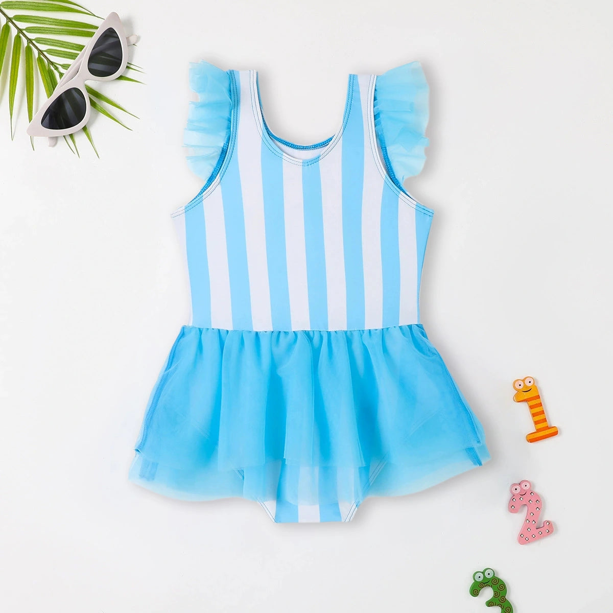 Girls Light Blue Typographic Print Tulle Overlay Swimwear Bodysuit Beachwear