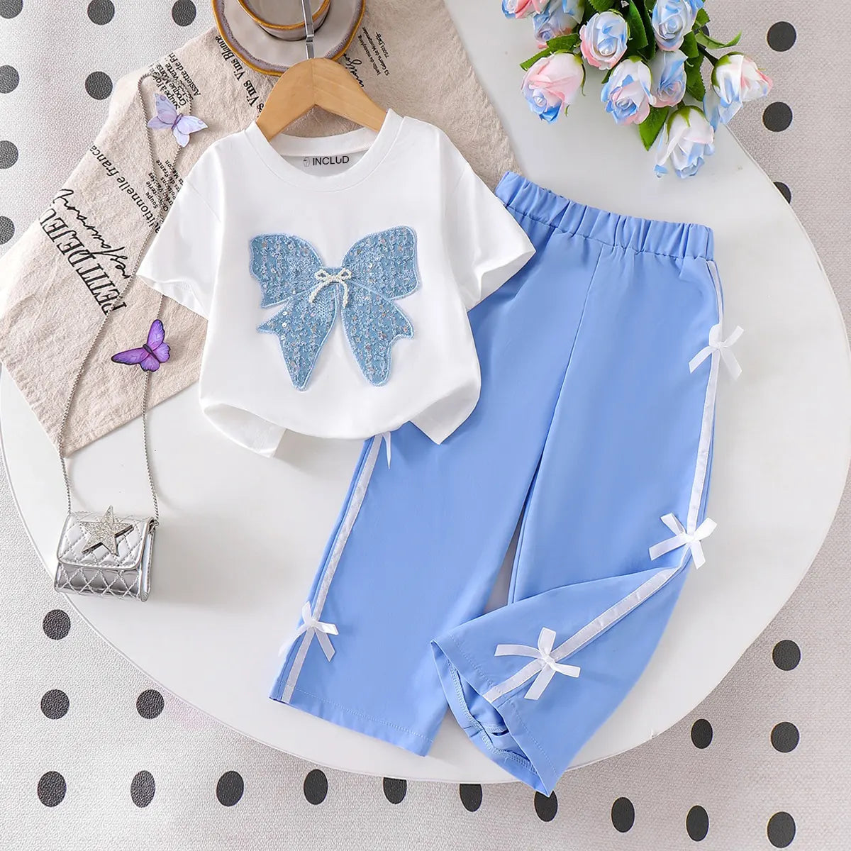 Girls White Bow Applique Short Sleeve T-Shirt With Pants Sets 2 pc. Sets White 3-4 Y