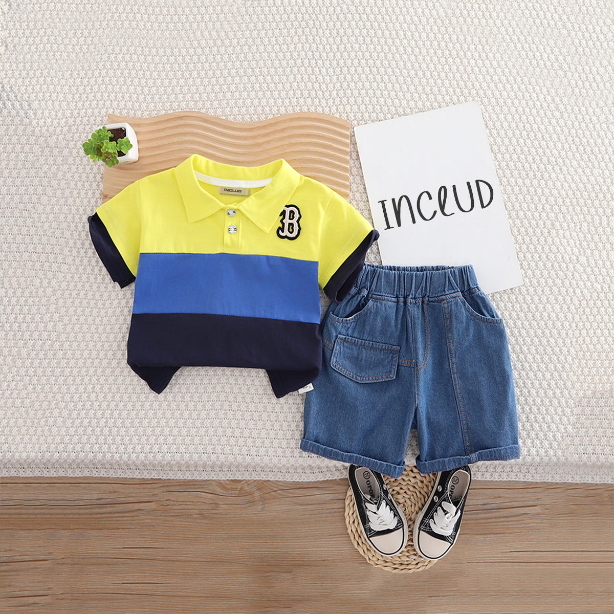 Boys Yellow Colo-blocked Polo T-Shirt With Denim Shorts Set 2 pc. Sets