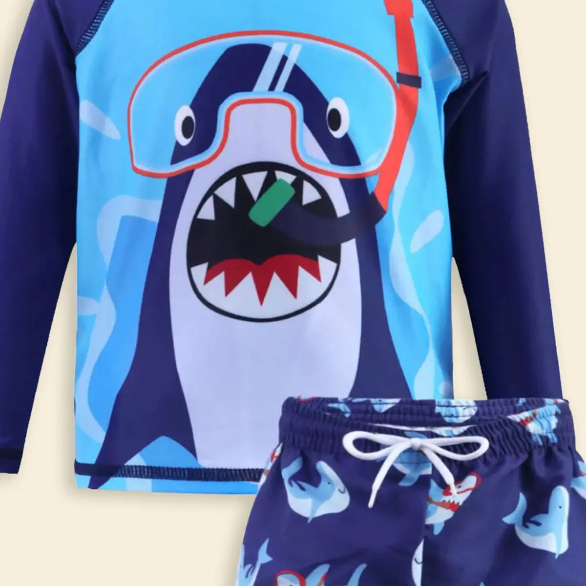 Boys Sky Blue Shark Printed Long Sleeves T-Shirt & Shorts Swimsuit Sets Sets
