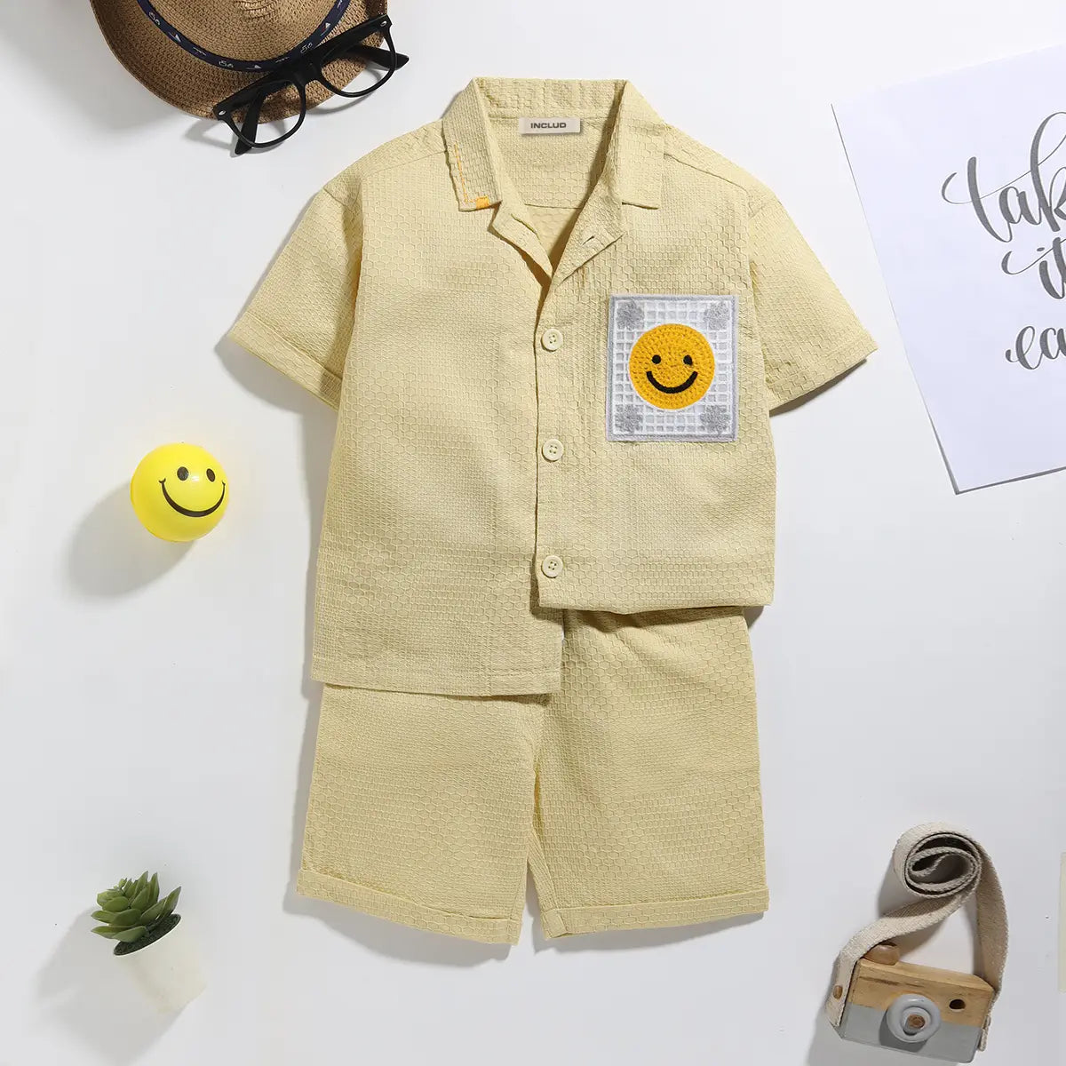 Boys Yellow Smiley Applique Short Sleeve Shirt With Shorts Sets 2 pc. Sets Yellow 6-12 M