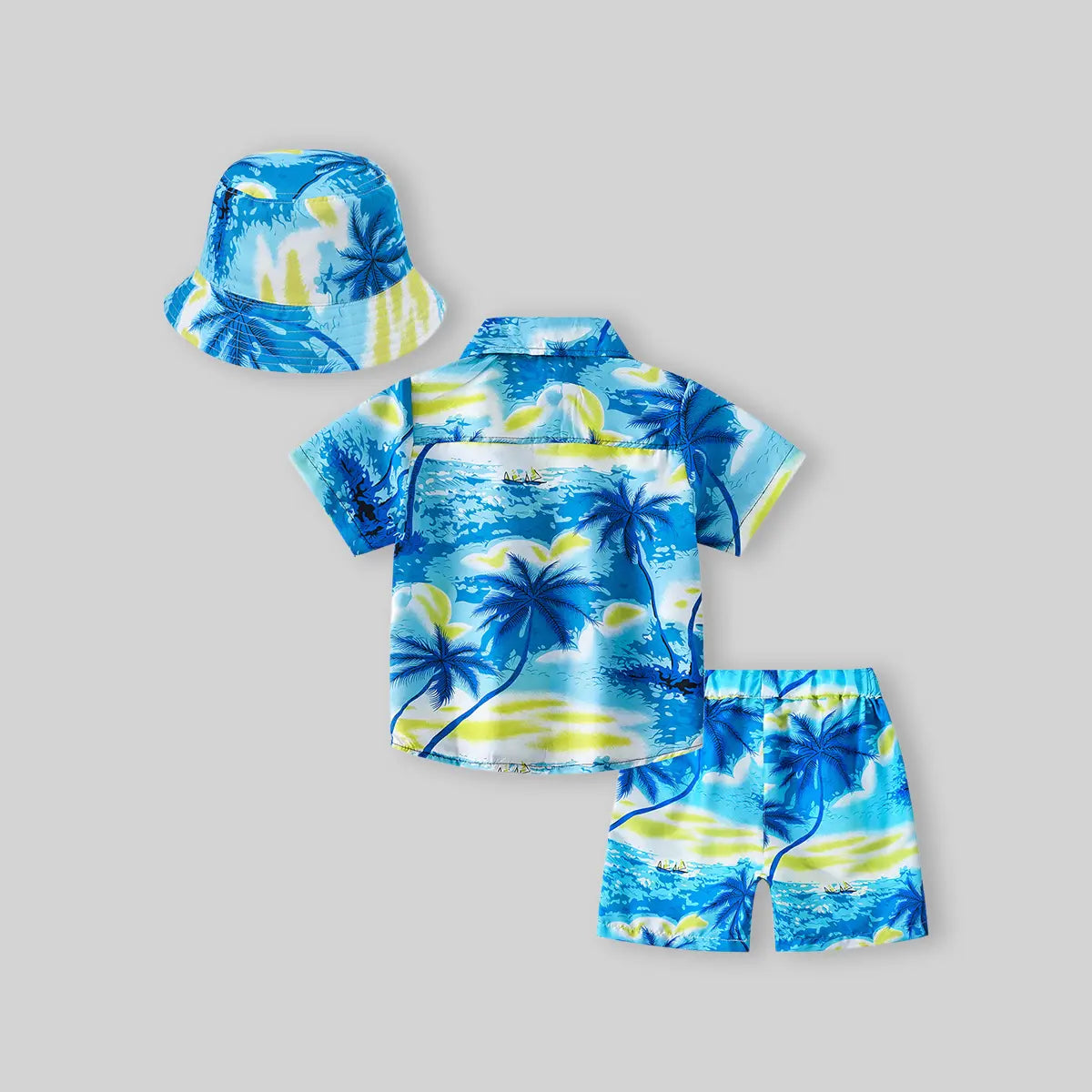 Boys Light Blue Tropical Print Button-Down Shirt With Shorts & Hat Co-ord Sets Sets