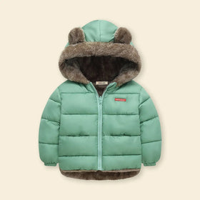 Boys Green Zip-up Puffer Jacket With Bear Ear On Hood Coats & Jackets