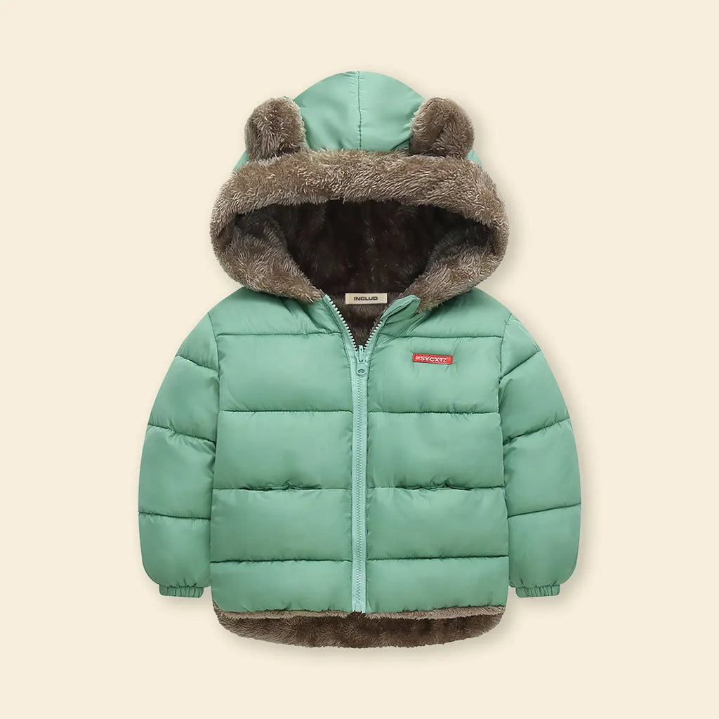 Boys Green Zip-up Puffer Jacket With Bear Ear On Hood Coats & Jackets