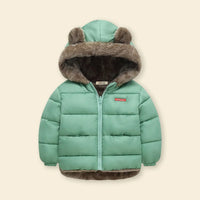 Boys Green Zip-up Puffer Jacket With Bear Ear On Hood Coats & Jackets